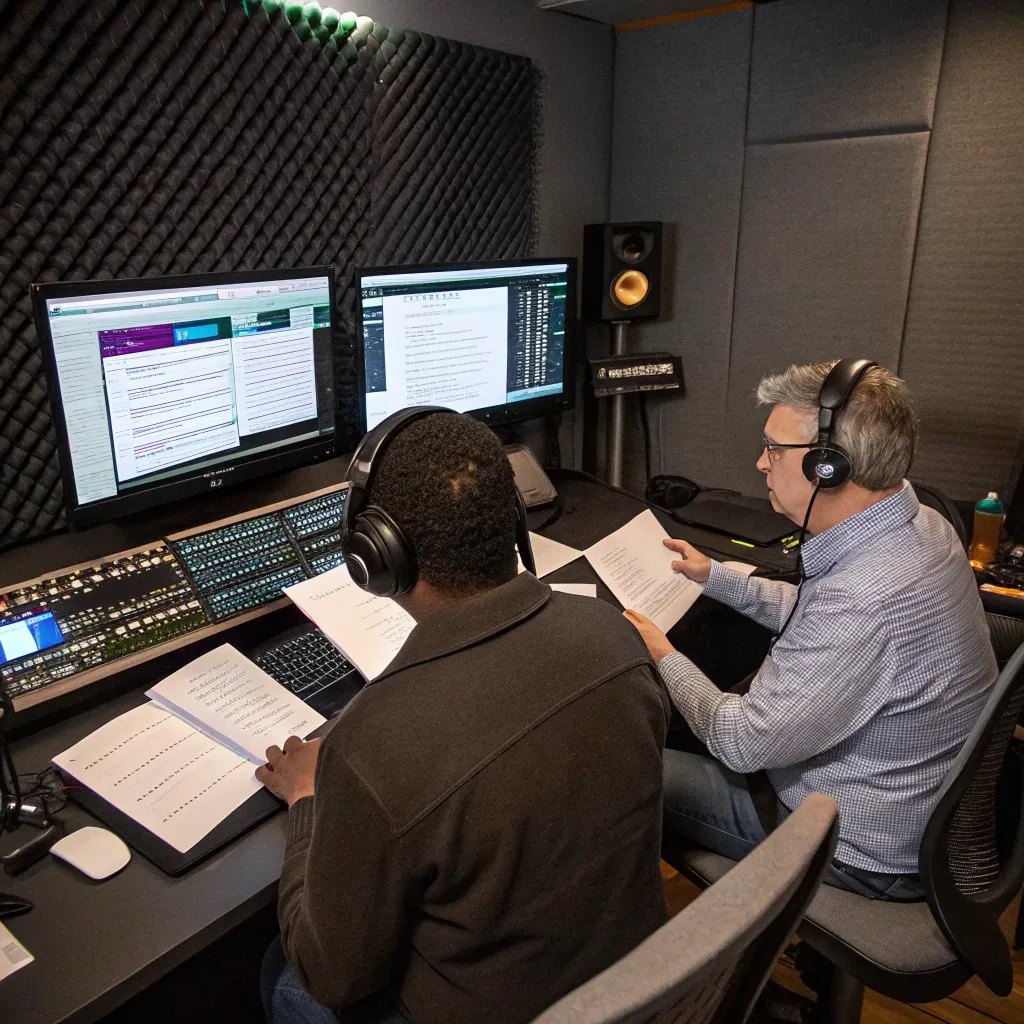 Language experts working on multilingual dubbing