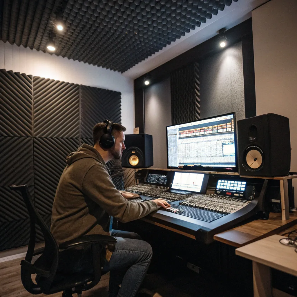 Sound engineer working in dubbing studio