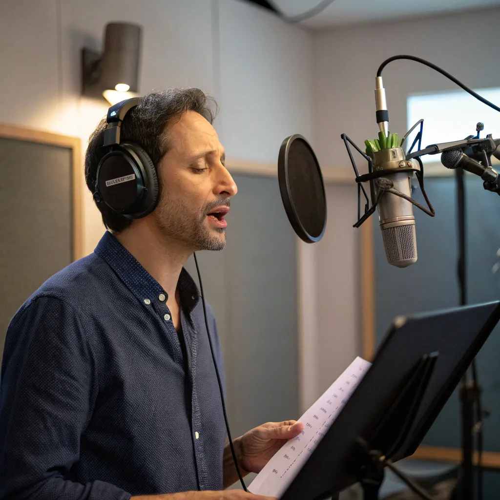 Professional voiceover artist in recording session